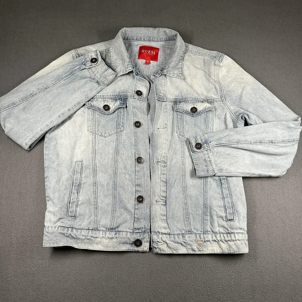 Guess Denim Jacket Mens Large Blue‎ Light Wash Button Front Pockets JMLXN1R0LF0